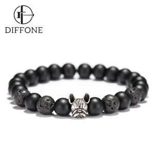 STRANDS NATUURLIJKE VOLCANISCHE ROTS MATTE MATTE kralen Bracelet Leuke dieren Franse bulldog bedel Braclet Retro Black Stone Braslet Men Women Sieraden