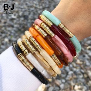 Brins Nouvelles mode vintage rond acrylique résine bambou tube bracelet en métal doré bracelets de charme perlé femmes