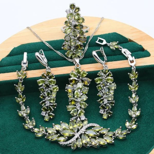 Stands New Olive Green Purple Topaz 925 Bijoux en argent ensemble pour femmes Boucles de bracelet Collier Ring Pending Ring Gift 4PCS