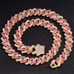 Brins nouveau rose broche cubaine lien chaîne collier pour femmes hommes glacé printemps fermoir 14mm losange Bracelet ensemble bijoux 230613