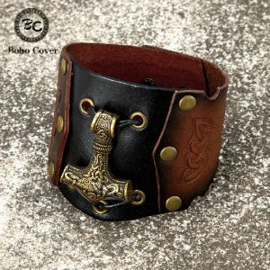 Hilos nórdicos vikingos genuinos hombres de pulsera de cuero Thors martillo mjolnir pulsera brazalete Trinity amuleto a mano joyería de bronce vintage hecha