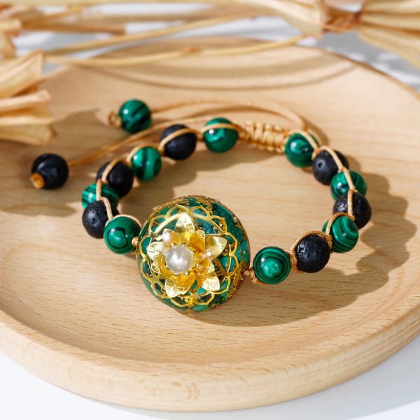 Brins Bracelet Lotus Orgonite Lotus Natural 8 mm malachite et lave Bracelet en pierre roche