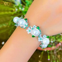 Brins Pera Graceful Big Perl Flower Charm Bracelet de chaîne de tennis zircon blanc cubique vert pour femmes bijoux B258