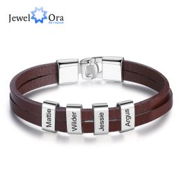 Brins Nom de gravure personnalisé Bracelet Brown Brown Black Cuir en acier inoxydable Bracelets personnalisés pour les hommes Day Fathers Day Gift