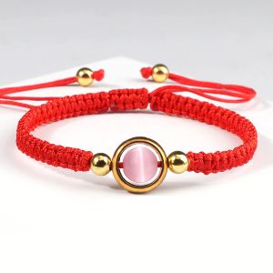 Brins de chats roses perles de pierre de pierre bracelet tressé pour femmes bracelet de filetage rouge homme chanceux