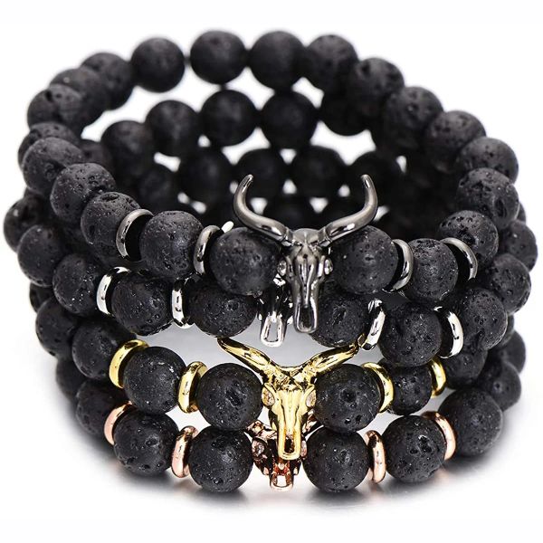 Strands Punk Cz Bull Head Skull Men Fashion de 8 mm de piedra de lava Charm Bracelets MacRame Joyería de joyería