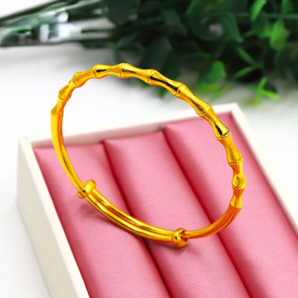 Strands Pure 999 Bamboo Sand Gold Bracelet Bangles for Women Ajustable Pulsera de oro Cadena de bodas Beddomings Finos Regalos nunca más desvanecidos