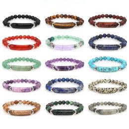 Brins Rectangle Bar Charm Bread Bracelets For Women Stone Natural Stone Healing Crystal Quartz Amethyst Elastic Bangle Couples Jewelry Gift