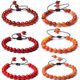 Brins Bracelet en pierre d'orange rouge 8 mm Bracelet de perlé de pastèque Agat naturel Bracelet Lucky Bracelet pour femmes bijoux