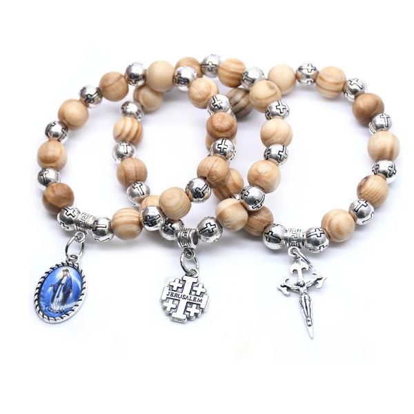 Brins perles en bois religieuses croix croix vierges bracelet bracelet stretch bracelets pour les bijoux chrétiens cadeaux catholiques