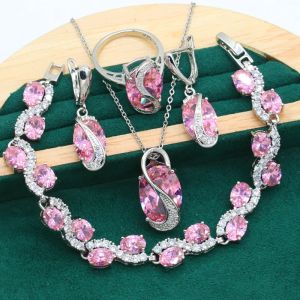 Strands Silver Color Wedding Jewelry Set for Women Classic Pink Pinquel Pendientes Pendientes Collar Collar Anillo de regalo Dubai