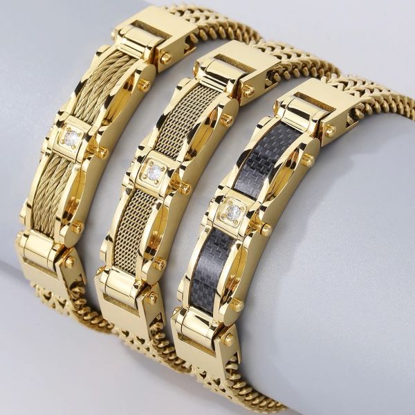 Bracelet en acier inoxydable des brins pour hommes Bracelets pour hommes de la chaîne de liaison franco de largeur de 12 mm avec un fermoir à aimant cz bijoux plaqué or