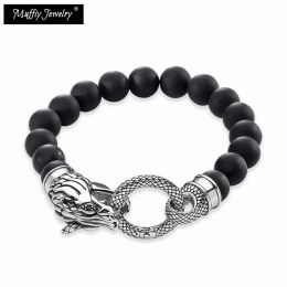 Brins Bracelet Bracelet Black Obsidian Beads 925 Sterling Dragon Ring Fine Bijoux Rebel Street Punk Fashion Gift for Men Women