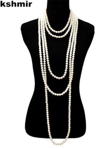 Strands Strings 1.5m -8mm fashion glass imitation pearl necklace women's simple knot multi-layer long sweater chain clothing accessories 230419