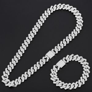 Brins Cordes 15mm Miami Prong Chaîne Cubaine Lien Argent Couleur Colliers 2 Rangées Complet Glacé Bracelet Ensemble pour Hommes Hip Hop Chaînes 230202