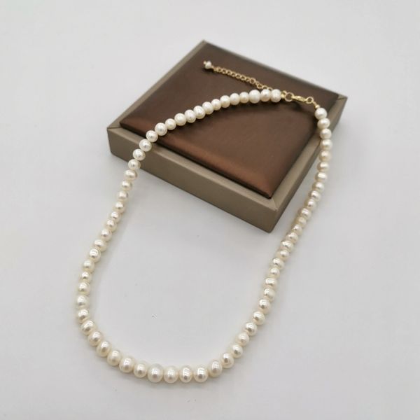 Strands Strings 6mm Collier de perles d'eau douce blanches Chaîne remplie d'or 14 carats Perles élégantes Déclaration perlée Collier Perles 230731