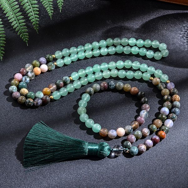 Brins Cordes 8mm Agate Indienne Vert Aventurine 108 Perles Japamala Collier Bracelet Ensemble Méditation Yoga Bénédiction Hommes et Femmes Bijoux 230419