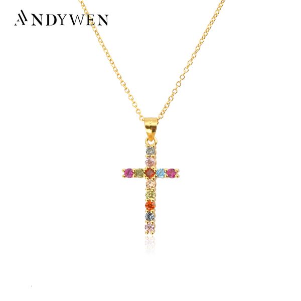 Strands Strings ANDYWEN 925 Sterling Silver Gold Clear Zircon Croix Pendentif Collier Longue Chaîne De Luxe Clip De Mariage Rock Punk Sunmmer Choker 230422