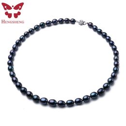 Brins Cordes Arrivée 89 mm Naturel D'eau Douce Noir Perle Bijoux Collier En Argent Sterling 925 Fleur Boucle Fine Pour Les Femmes 230731