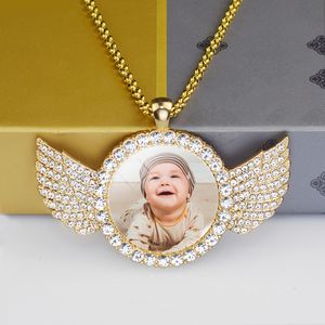 Strands Strings Custom Baby P o Angel Wings Pendant with Long Chain s Necklace Personalized Glass Dome Picture Customized Jewelry 230822