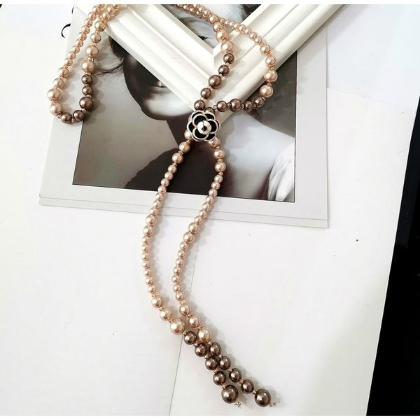 Brins cordes bricolage long collier de perles simulées pour les femmes camélia pendentif long collier bijoux de fête 230710