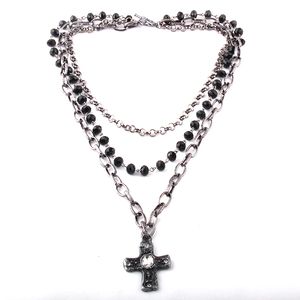 Strengen Snaren Mode Boheemse Tribal Sieraden 3 Lagen Meerdere Zwart Glas Kristal Rozenkrans Link Chain Cross Hanger Kettingen 230325