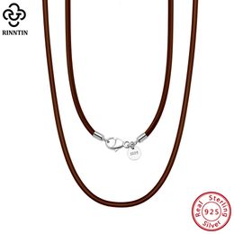 Strands Strings Rinntin véritable italien 2mm marron cuir cordon chaîne collier pour femmes hommes avec 925 fermoir en argent Sterling bijoux à la mode SC62 230426