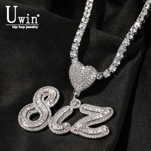 Brins Cordes UWIN Personnalisé Baguette CZ Nom Pendentif avec Coeur Lunette Glacé Collier Charmes Chaîne De Tennis Cursive Plaque signalétique Bijoux De Mode 230607