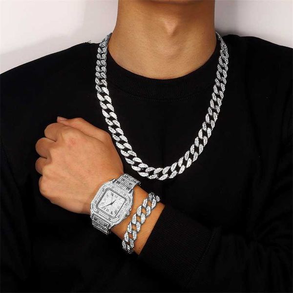 Strands TOP Hop Iced Out Collar de cadena + reloj + pulsera Set Hombres 13 mm Cuban Link Nuevo collar de diamantes de imitación para joyería Reloj Regalo 230613