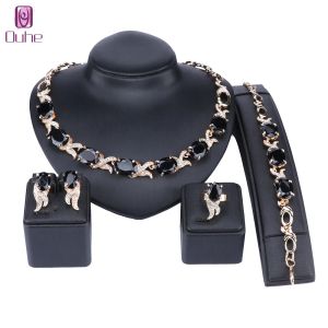 STRANDS Trendy sieraden set gouden kleur zwart kristal Afrikaanse kralen ketting Bracelet oorring ring Saoedische vrouwen feest bruidsdecoratie