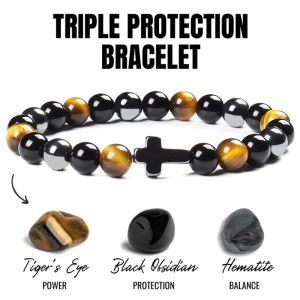 Brins Triple Protection Bracelet apporter la chance d'hématite naturelle mincement noire obsidienne tigre œil de pierre perles femmes hommes croix bracelets