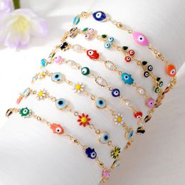 Strands Turkish Evil Eye Hamsa Hand Flower Beads Bracelet Women Boho Lucky Blue Eye Fatima Hand Adjustable Anklet Chain Wedding Jewelry