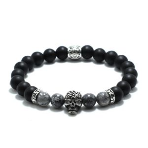 Bracelet Skull Vintage Skull pour hommes 8 mm Black Onyx Stone Breded Braslet Gothic Pirate Braclet Birthday