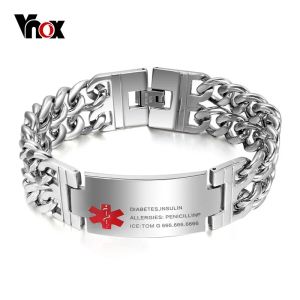 Brins Vnox Men's Medical Alert Id Bag Bracelet en acier inoxydable bracelet poignet Cuba Link Grafing Free Graving