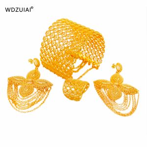 STARDS WDZUIAI NIEUWE AANSPUNT 24K GOUD KLEUR TASSELS COUFT BRACKET/OORREGINGEN/RING Bruiloft Sieraden Set African Spanje Arabische vrouwen Girl sieraden