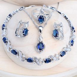 Stands Femmes Silver 925 Bijoux de mariée Ensembles de bijoux Blue Cumbic Zirconia Boucles d'oreilles de mariage Boucles d'oreilles
