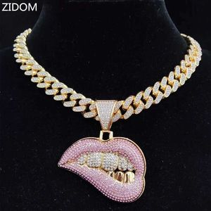 Strands para mujer Hip-hop Lippading colgante de mordedura con una cadena cubana de cristal de 13 mm con collar de hielo de hip-hop joyas de moda 240424