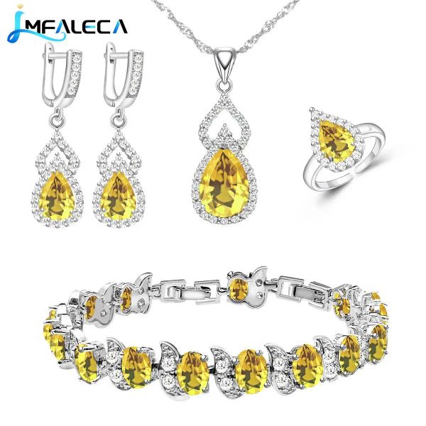 Brins de bijoux topazes jaunes pour femmes collier de boucle d'oreille bracelet à bague ajusté cadeau en argent sterling bijoux pour lady dropshipping