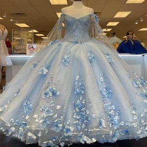 Correa azul claro vestidos de quinceañera 2022 para dulce 15 fiesta moda 3D flor encaje apliques lujo princesa cumpleaños vestidos Quince274G