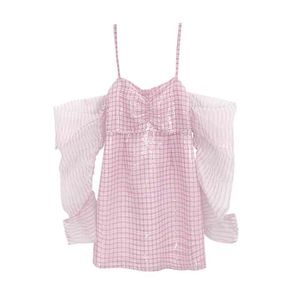 Riem mini jurk sexy club mouwloze roze plaid slash nek D1982 210514