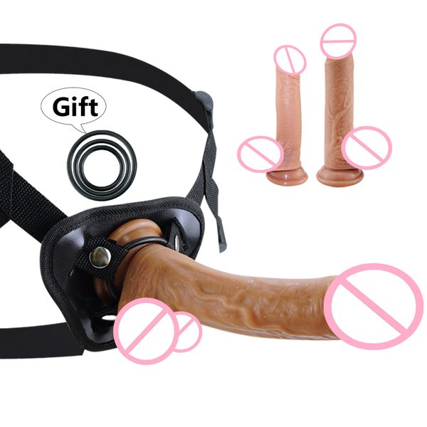 Sangle sur gode pour femmes Silicone ventouse artificielle grand réaliste pénis souple sangles ceinture Anal sexy jouets pour Couples adultes 18