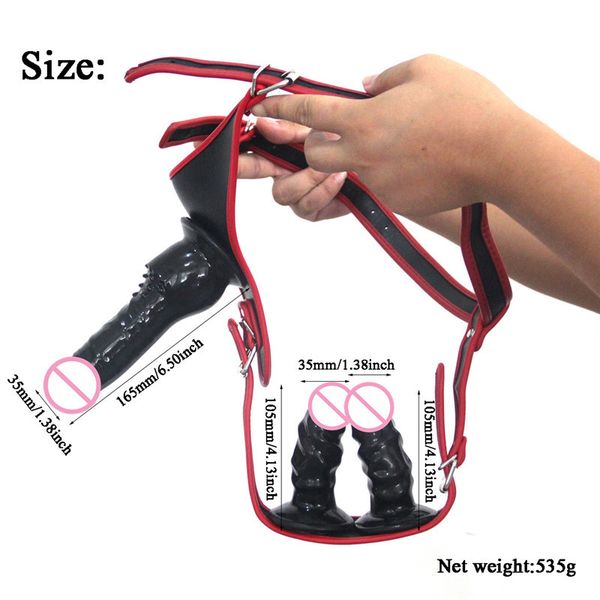 Chaussez Dildo Triple Dong élastique Ceinture harnais Culotte silicone réaliste pénis Godes Lesbiennes Strapon Sex Toys Jouets pour les femmes Y200410