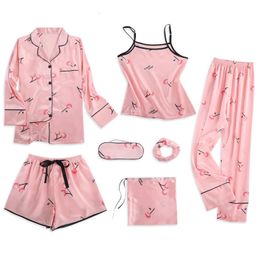 Band Nachtkleding Pyjama Dames 7 Stuks Roze Pyjama Sets Satijn Zijde Lingerie Homewear Set Pijamas Voor Vrouw 240326