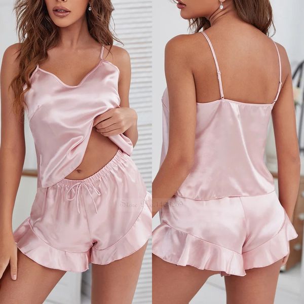 Sangle top shorts été femme pyjamas ensemble sexy à volants pijamas costume vêtements de nuit amples en soie satin salon porter des vêtements de maison 240226