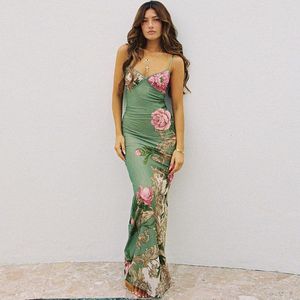 Strap V nek bedrukte sexy slanke jurk zomervakantie stijl meisje backless voor vrouwen