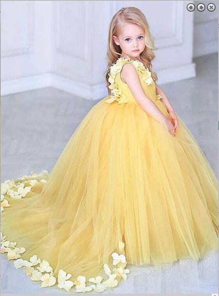 Trägerloses 3D-Blumenkleid für süße Mädchen, bauschiges Tüll-Schleppe-Blumenmädchen-Kleid, schöne Kleider für Blumen, kleine Mädchen, Kinder, Hochzeit, Party
