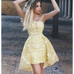 Strapless 3D bloemen Arabische cocktail prom dresses licht geel overskirt short homecoming jurken korte mini jurk feestkleding