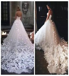 Vestidos de novia ALine sin tirantes con vestidos de novia adornados con mariposas 2019 Tren de la capilla Vestidos de princesa largos personalizados Cu7340570