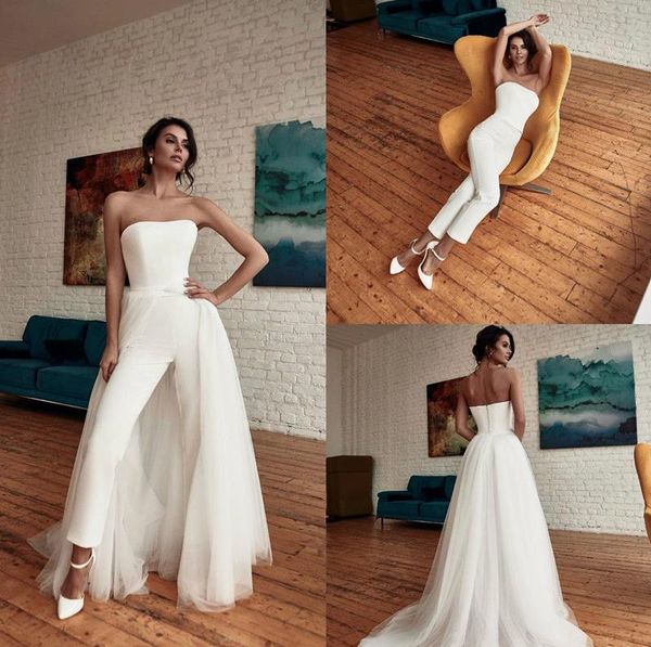 Vestido de novia sin tirantes para playa, mono con tren desmontable, vestidos de novia bohemios con pantalón para vacaciones de verano 2021