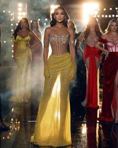 Robes de soirée bustier perles paillettes jupe jaune robe de bal de soirée formelle robes pour occasions spéciales plis demi manches robe de soirée